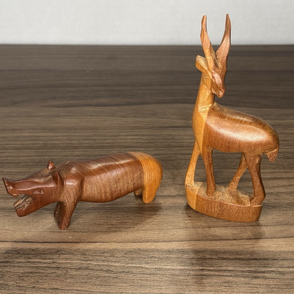 Mid Century Hand Carved Teak Wood Impala/Antelope And Rhinoceros Figures Safari‎